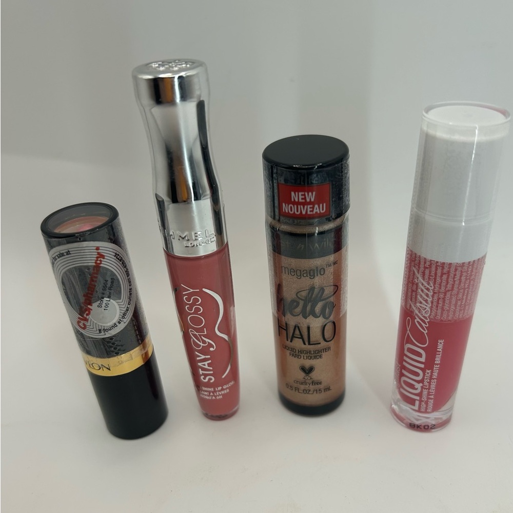 4 New, Sealed Lipsticks Glossy:Wet & Wild, Revlon Rimmel Glossy Megalast Liquid